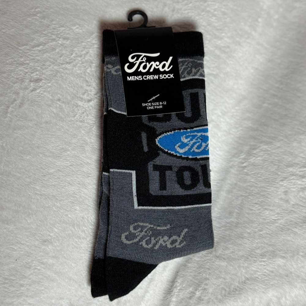Ford Official Mens Black and Grey Crew Socks Size 8-12 - Blue Ford Logo - NEW